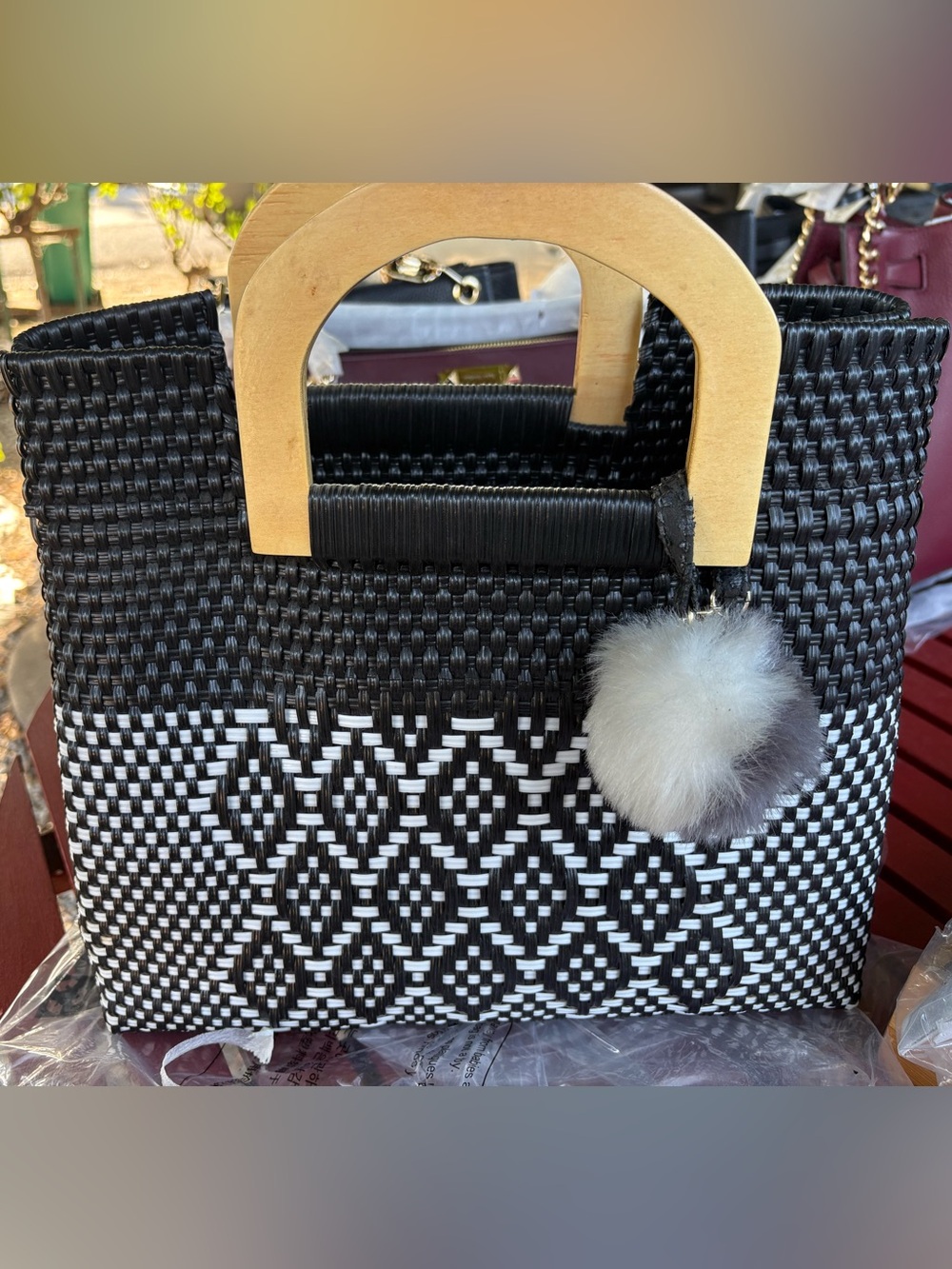 Black & White Woven Tote Bag with Gold Handles